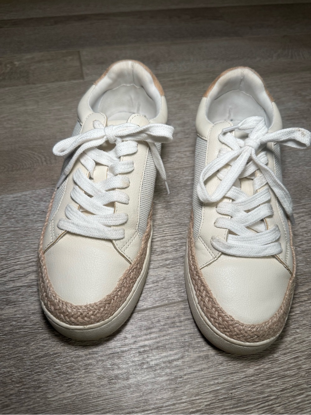 Women’s Cream Casual Sneakers with Tan Woven Trim size 6